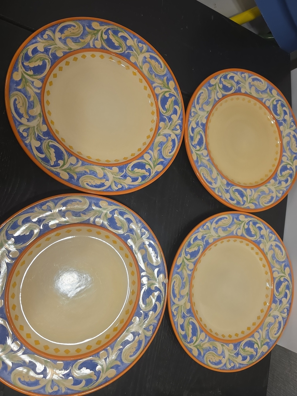 Pfaltzgraff Blue, Orange and Cream Scroll Rim Dinner Plates - Set of 4